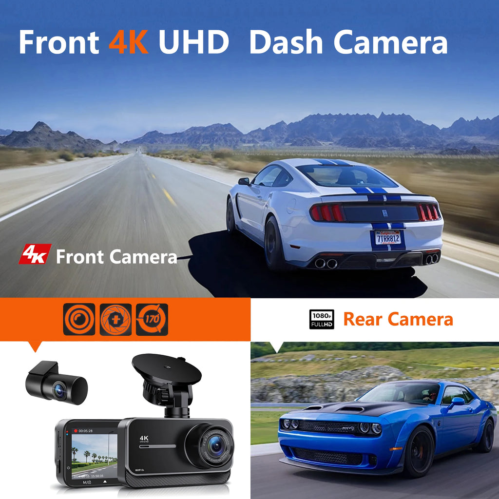 4K Dash Cam, Car Front and Rear Dash Camera